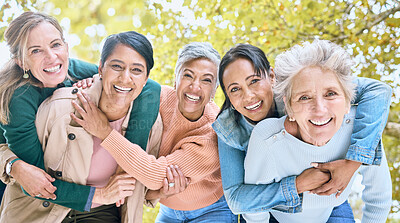 Buy stock photo Friends, nature and portrait of group of women enjoying bonding, quality time and relax in retirement together. Diversity, friendship and faces of happy females with smile, hug and embrace in park