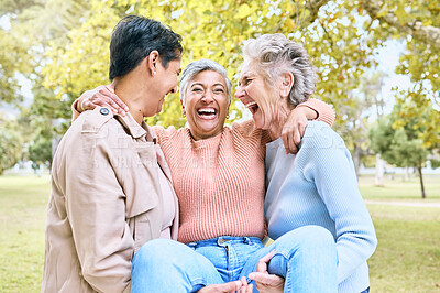 Buy stock photo Senior women, laughing or carrying in funny games, comic activity or goofy fun in nature park, grass garden or environment. Smile, happy or diversity elderly friends in retirement, support or trust