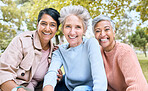 Retirement, friends or bonding portrait on profile picture, social media or lifestyle freedom blog in relax environment. Smile, happy or elderly senior women in nature park, grass garden or community