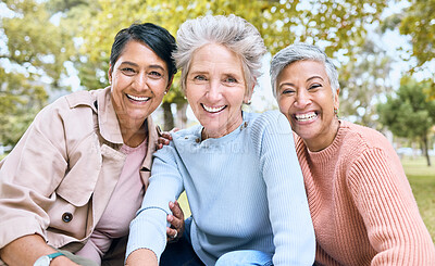 Buy stock photo Retirement, friends or bonding portrait on profile picture, social media or lifestyle freedom blog in relax environment. Smile, happy or elderly senior women in nature park, grass garden or community