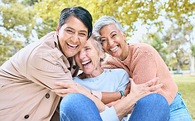 Buy stock photo Retirement, women or laughing portrait in funny hug game, comic bonding or silly group activity in relax environment Smile, happy or elderly senior friends in nature park, grass garden or community