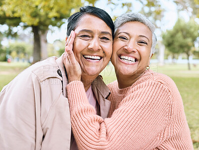 Buy stock photo Retirement hug, portrait or bonding women in nature park, grass garden or relax environment in profile picture or social media. Smile, happy or senior couple of friends in embrace for birthday pride