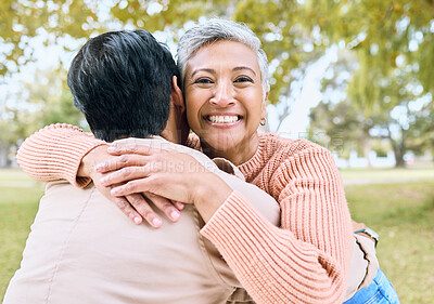 Buy stock photo Senior women, retirement or portrait hug in nature park, grass garden and relax environment for support, love or trust. Smile, happy or couple of friends in embrace, bonding or birthday celebration