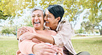 Couple of friends, seniors or laughing hug in nature park, grass garden or relax environment in comic, funny or silly activity. Smile, happy women or bonding retirement elderly in love trust embrace