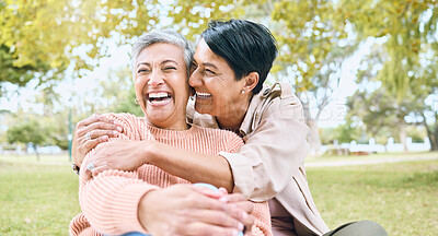 Buy stock photo Couple of friends, seniors or laughing hug in nature park, grass garden or relax environment in comic, funny or silly activity. Smile, happy women or bonding retirement elderly in love trust embrace