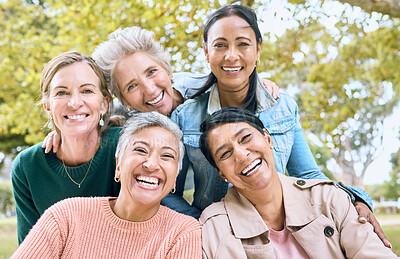Buy stock photo Smile, park and portrait of group of women enjoying bonding, quality time and relax in nature together. Diversity, friendship and faces of happy senior females with calm, wellness and peace outdoors