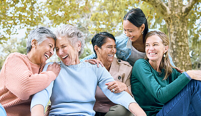 Buy stock photo Happy senior friends, laughing or bonding in nature park, grass garden or relax environment in retirement, support or trust. Smile, diversity or elderly women in comic joke, funny meme or emoji face