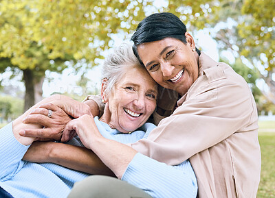Buy stock photo Couple of friends, senior or portrait hug in nature park, garden or relax environment in retirement support or trust. Smile, happy or laughing elderly women in bonding embrace in community backyard
