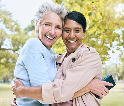 Buy stock photo Senior women, bonding or hug portrait in nature park, garden or relax environment for social media, profile picture or memory. Smile, happy friends or retirement elderly embrace for mobile technology