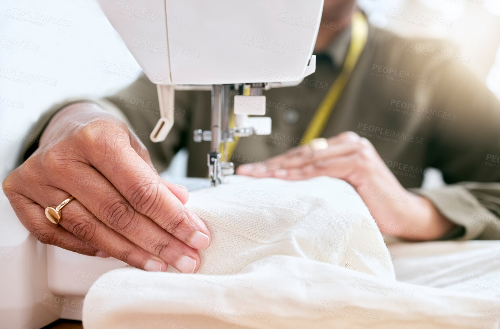 Buy stock photo Tailor, woman hands and sewing machine for clothes fabric, luxury apparel or creative design in studio workshop atelier. Startup small business designer, service and sewer working on fashion outfit