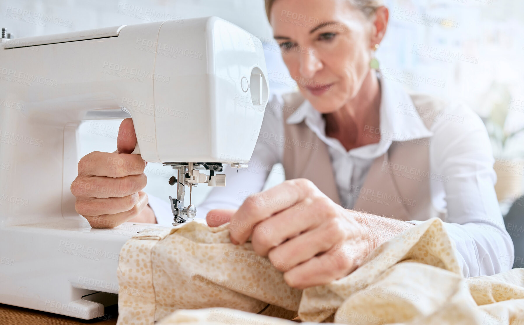 Buy stock photo Tailor, senior woman and sewing machine for fabric clothes, luxury apparel or creative design in studio workshop atelier. Startup small business designer, service and sewer working on fashion outfit