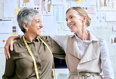 Buy stock photo Business partnership, senior women and fashion management in a creative workshop. Designer, teamwork and fabric manufacturing collaboration of design studio workers ready for textile production