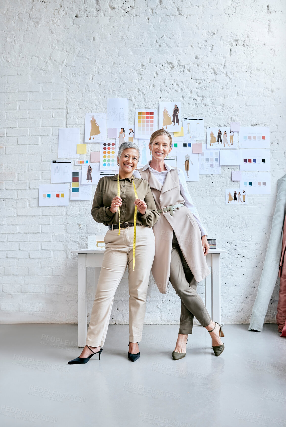 Buy stock photo Fashion, designer and teamwork portrait of women in workshop for creative partnership. Collaboration, small business and senior female tailors in boutique with vision, mission and success mindset.