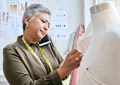 Buy stock photo Phone call, textile and senior woman with tailor, design process and fabric communication for client or business. Smartphone, boss, fashion designer or person working on mannequin in workshop studio