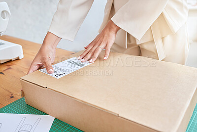 Buy stock photo Hands, logistics and box for shipping, delivery or package in ecommerce, purchase or inventory at workshop. Hand of business owner packaging item, object or label to deliver, service or sticker sign