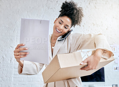 Buy stock photo e commerce, package and logistics woman or small business owner for startup checklist, delivery and documents. Product supplier, box and paperwork of black person on phone call with courier services