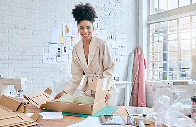 Buy stock photo Fashion store portrait, box and black woman packaging stock product for commercial distribution or courier shipping. Logistics export delivery, retail container and girl work in supply chain industry