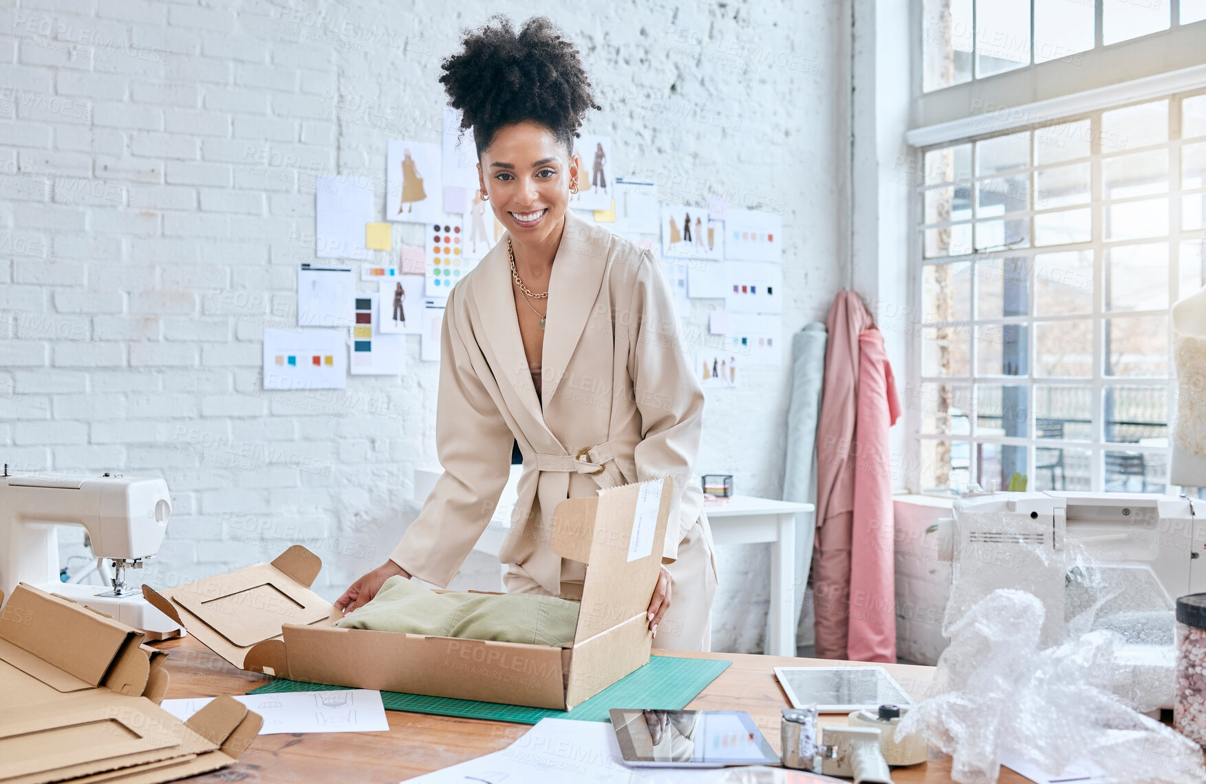 Buy stock photo Fashion store portrait, box and black woman packaging stock product for commercial distribution or courier shipping. Logistics export delivery, retail container and girl work in supply chain industry