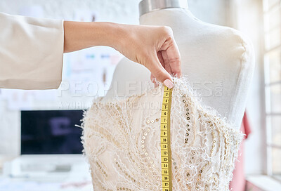 Buy stock photo Design, hands and woman designer with measuring tape for dress, pattern and details with fabric in studio. Fashion designer, hand and measurement, creative and luxury, classic and elegant clothing