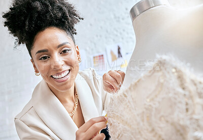 Buy stock photo Fashion, designer and smile with mannequin and black woman in workshop for planning, manufacturing and retail. Creative, idea and fabric with girl and couture dress in studio for small business