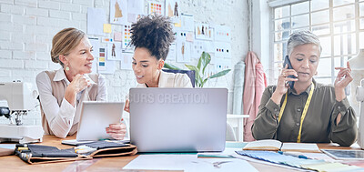 Buy stock photo Fashion, designer and teamwork of women with tablet and laptop in workshop. Group collaboration, small business and senior female tailor in boutique on phone call, chatting and networking on mobile.