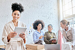 Manager portrait, ecommerce delivery tablet or team diversity, package or stock product for commercial distribution. Logistics courier shipping, retail store box or happy black woman in supply chain 