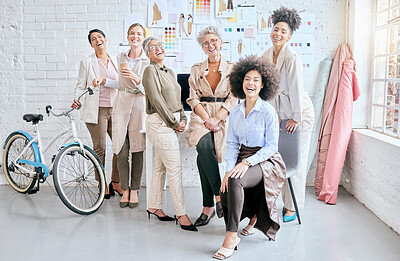 Buy stock photo Fashion, designer teamwork and portrait of women in workshop for creative partnership. Group collaboration, startup and senior female tailors in boutique with vision, mission and success mindset.