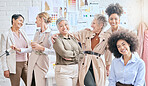 Teamwork, fashion and designer portrait of women in workshop for creative work. Group collaboration, startup and happy senior female tailors in studio boutique with vision, mission or success mindset