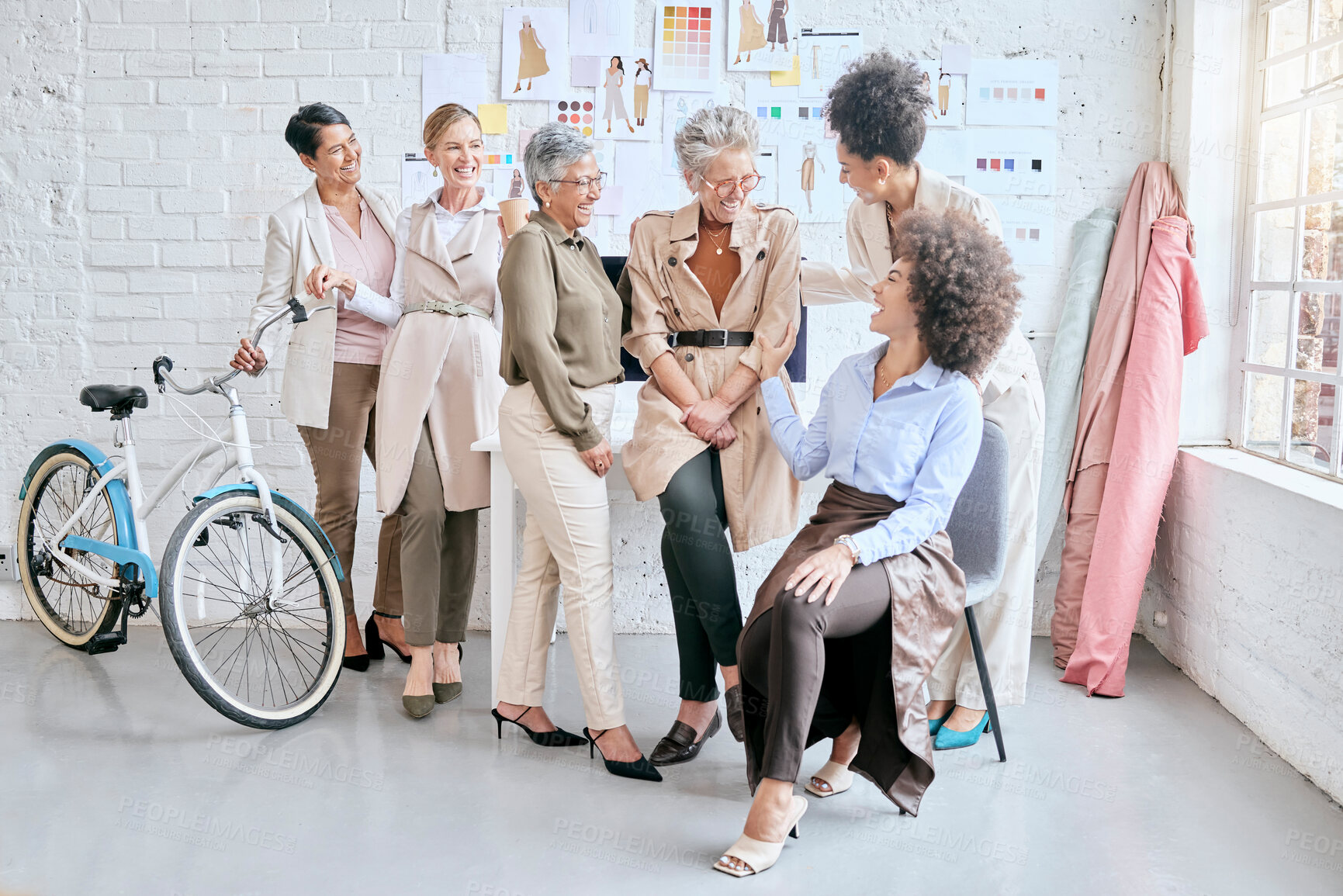 Buy stock photo Fashion, designer and teamwork of women laughing at funny joke, comedy or crazy meme in workshop. Group collaboration, small business or comic senior female tailors together in boutique in discussion