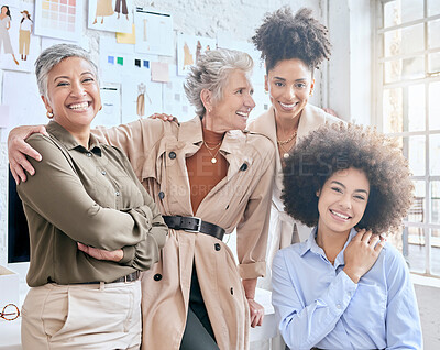 Buy stock photo Designer women portrait, colleagues and workshop for design, teamwork and vision for success. Happy creative team, woman collaboration and studio friends with diversity, goals and diversity support