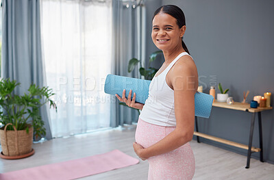 Buy stock photo Portrait, start or pregnant woman ready for yoga exercise or fitness workout for wellness in house living room. Pregnancy, maternity or healthy mother to be with a calm happy smile training at home