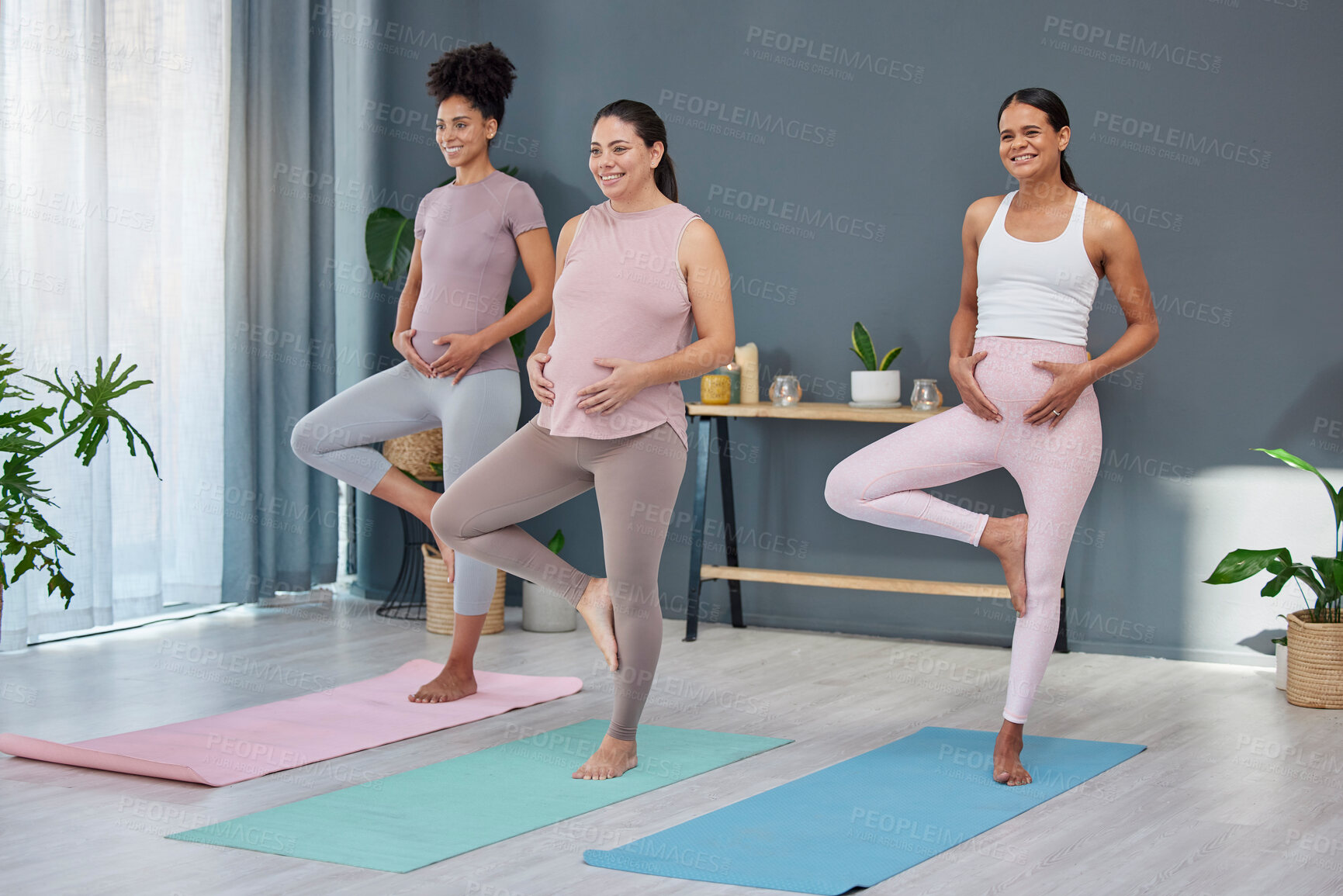 Buy stock photo Balance, pregnant yoga and women standing in buddha pose for exercise, health and wellness in studio. Friends, pregnancy and female group bonding during workout, fitness and cardio, calm and zen