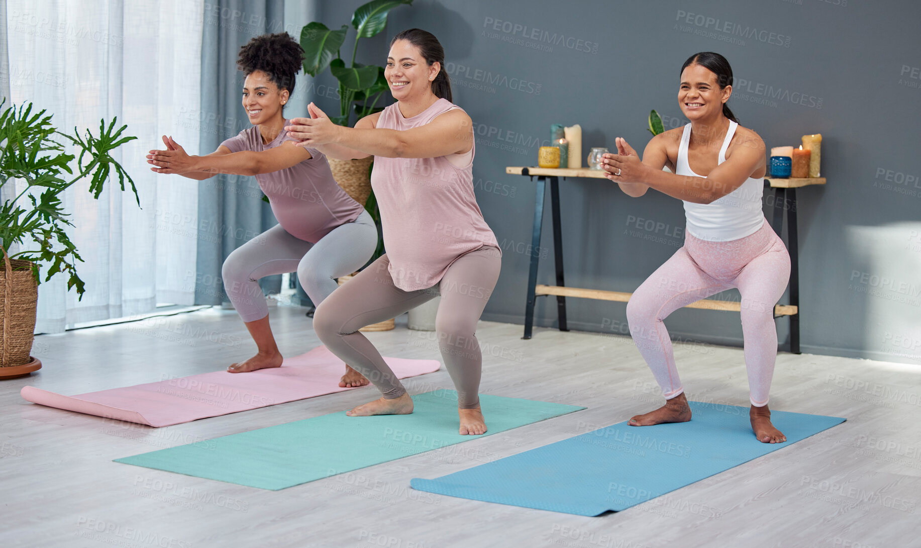 Buy stock photo Pregnant, fitness or women in yoga class for balance, body exercise or workout in house living room. Pregnancy, wellness or healthy friends with a happy smile in maternity training in zen home studio