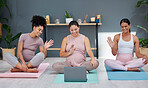 Pregnant, yoga or women in online class on laptop for training, exercise or fitness workout in living room. Pregnancy, video call or healthy friends with a happy smile in maternity training at home