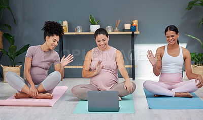 Buy stock photo Pregnant, yoga or women in online class on laptop for training, exercise or fitness workout in living room. Pregnancy, video call or healthy friends with a happy smile in maternity training at home