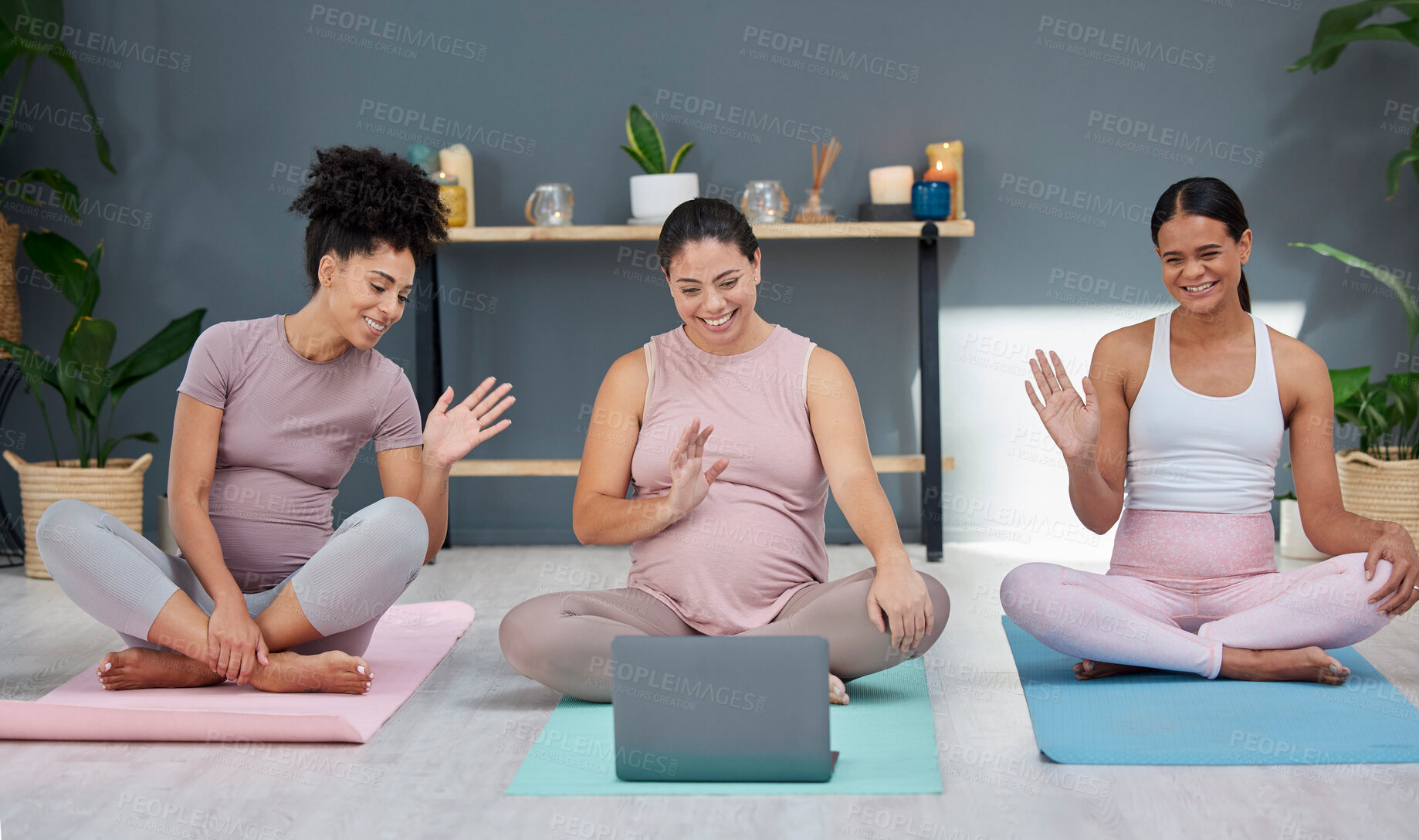 Buy stock photo Pregnant, yoga or women in online class on laptop for training, exercise or fitness workout in living room. Pregnancy, video call or healthy friends with a happy smile in maternity training at home