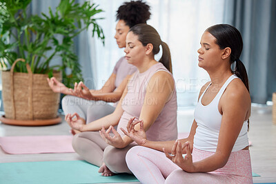 Buy stock photo Pregnant yoga, relax and zen by women on a floor for exercise, fitness and wellness in a home together. Friends, pregnancy and group meditation, chakra and pose in a living room, lotus and cardio