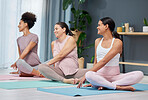 Pregnant yoga, stretch and relax on a floor for exercise, fitness and wellness in a home together. Friends, pregnancy and group stretching, workout and pilates in a living room, training and cardio