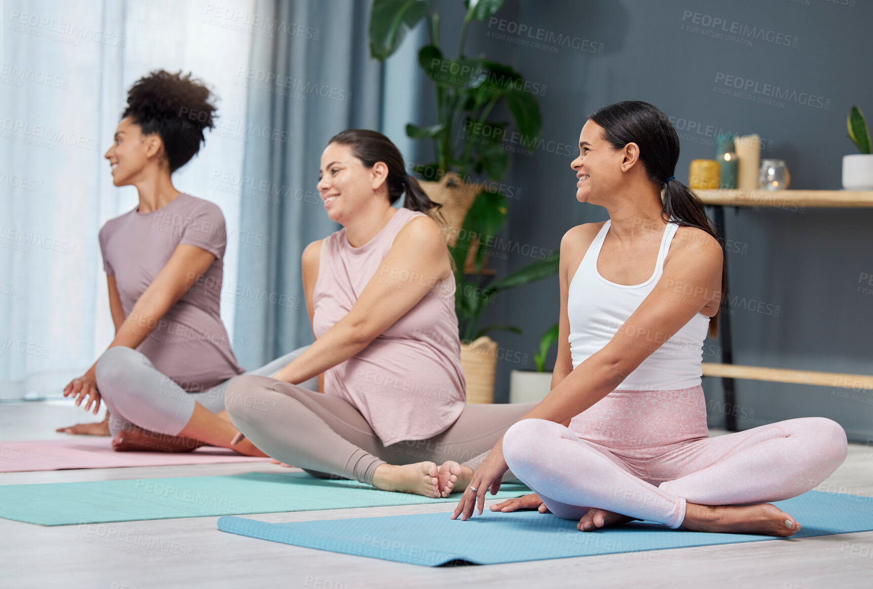 Buy stock photo Pregnant yoga, stretch and relax on a floor for exercise, fitness and wellness in a home together. Friends, pregnancy and group stretching, workout and pilates in a living room, training and cardio
