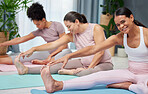  Portrait, pregnant and yoga and women stretch on a floor for fitness, exercise and wellness, happy and relax. Pregnancy, friends and female group stretching for pilates workout, cardio and flexible