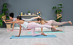 Pregnant, balance or women in yoga class stretching body for exercise or fitness workout in home studio. Pregnancy, wellness or healthy friends in maternity training with zen focus and calm energy