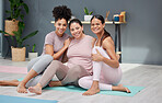 Pregnant, portrait or women in yoga class with a happy smile ready for exercise or fitness workout in studio. Pregnancy, relaxing or healthy friends hugging or bonding in maternity start training 