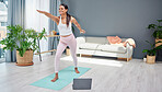 Fitness, yoga or pregnant woman in online class stretching body for balance exercise or workout at home. Pregnancy, laptop or focused healthy person with a happy smile in maternity training at home