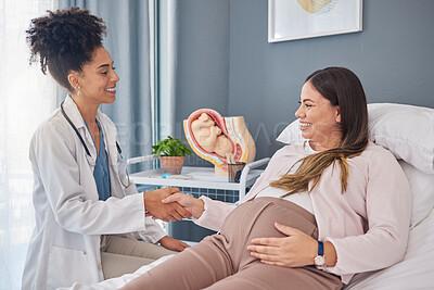 Buy stock photo Pregnant patient, doctor and gynecologist hand shake for welcome, thank you and hello greeting  Pregnancy maternity consultation, gynecology and woman for medical, baby healthcare or hospital support