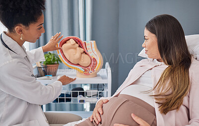 Buy stock photo Pregnant, woman and doctor explanation with fetus in clinic for medical expertise and progress assessment. Baby, pregnancy and mom with black woman gynaecologist for update of growth development.