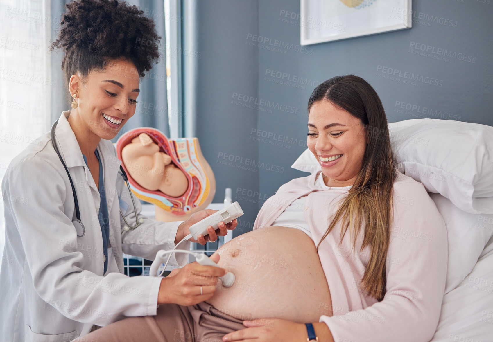 Buy stock photo Pregnant, woman and doctor with heart rate monitor for baby healthcare, medical support or hospital gynecology. Pregnancy maternity consultation, patient stomach and gynecologist with fetal doppler