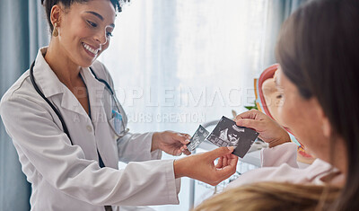Buy stock photo Doctor, pregnant woman and ultrasound photo with happiness, excited and family planning in clinic. Black woman medic, sonogram picture and healthcare for mother patient in hospital for pregnancy care