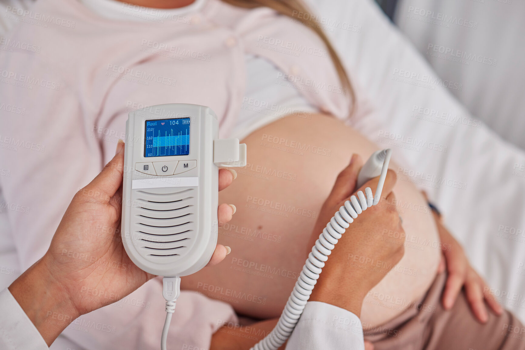 Buy stock photo Pregnant, woman and doctor hands with heart monitor for baby healthcare, medical support or hospital gynecology. Pregnancy maternity consultation, patient stomach and gynecologist with fetal doppler