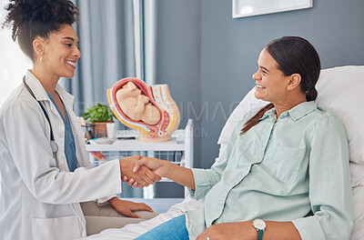 Buy stock photo Pregnant patient, doctor or gynecologist shaking hands for welcome, thank you and hello greeting Pregnancy maternity consultation, gynecology or woman for medical, baby healthcare or hospital support