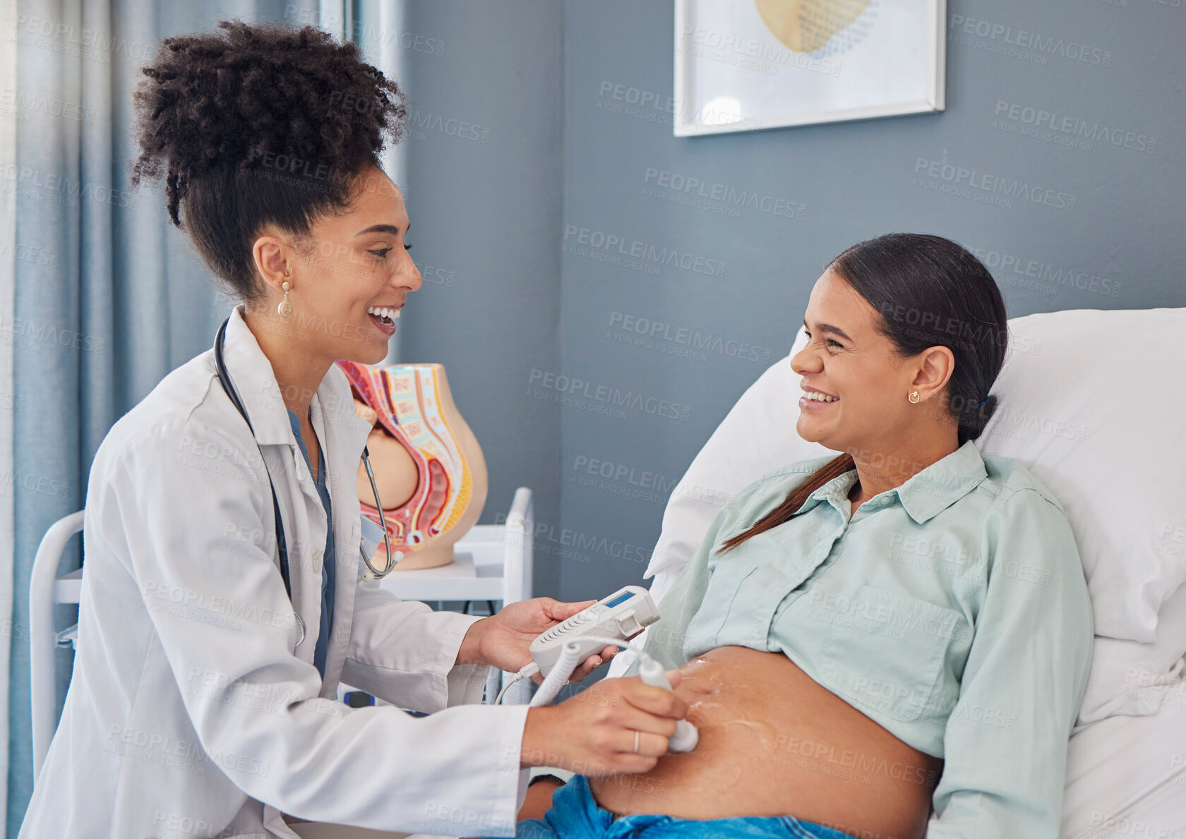 Buy stock photo Pregnant woman, hospital ultrasound and doctor with stomach scan for baby healthcare, medical support or gynecology. Pregnancy maternity consultation, clinic or patient abdomen with gynecologist help
